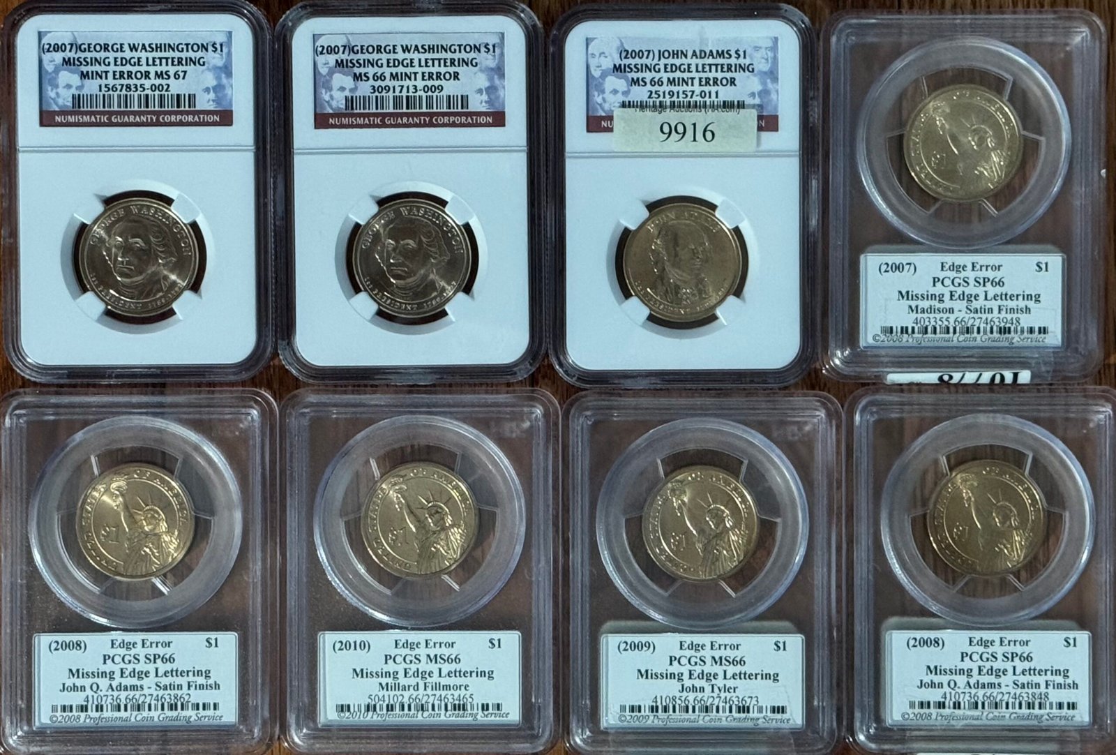 8x Presidential $1 Error Coins – Missing Edge Lettering – PCGS NGC MS66 MS67 LOT